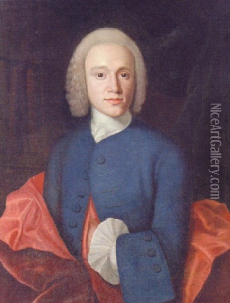 Portrait Of Jorgen Wichmand In A Blue Jacket And A Red Mantle, Standing Before A Bookshelf Oil Painting - Isak Wacklin
