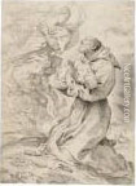 San Francesco Tiene In Braccio Gesu Bambino Al Cospetto Della Madonna Oil Painting - Pietro Faccini