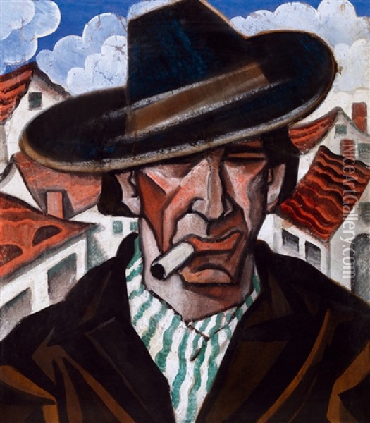 Man With Hat And Striped Scarf Oil Painting - Hugo Scheiber
