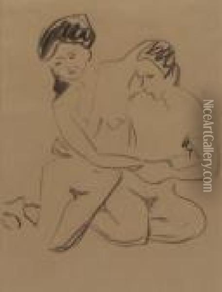 Sitzendes, Nacktes Paar, Sich Umarmend Oil Painting - Ernst Ludwig Kirchner