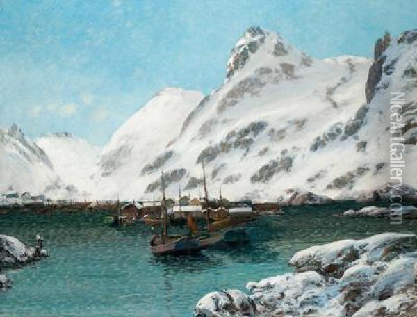 Harbor In The Winter Oil Painting - Sigvard Simensen
