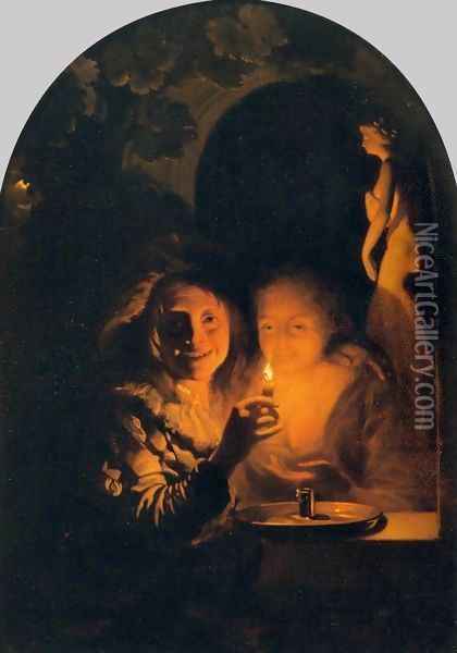 Lovers Lit by a Candle Oil Painting - Godfried Schalcken