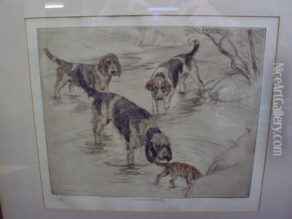 Four Dogs In A Shallowstream Oil Painting - George Ames Aldrich