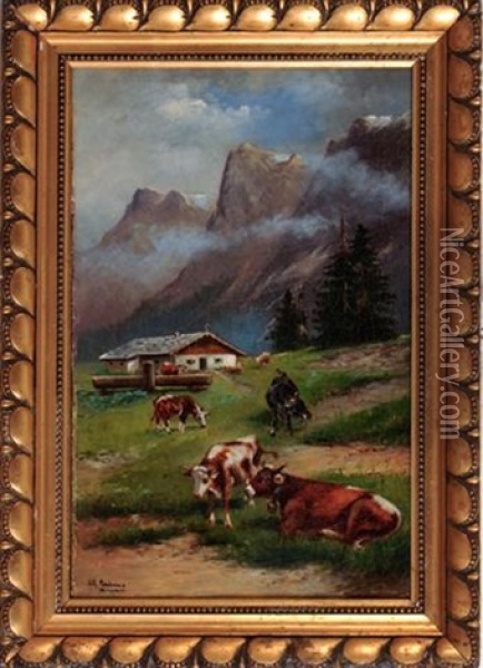 Weidende Kuhe Vor Bergmassiv Oil Painting - Alfred Schoenian
