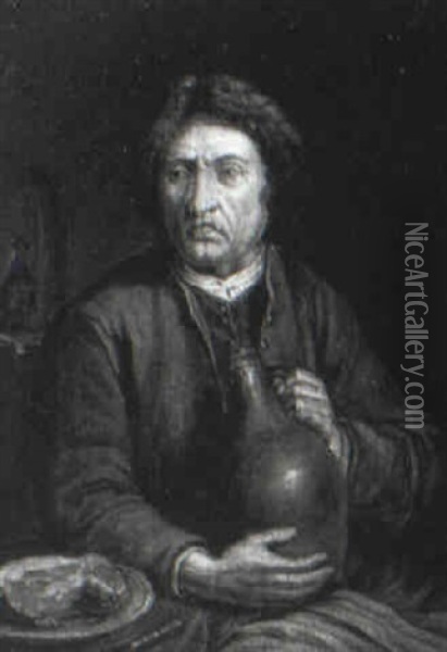 Man In An Interior Holding An Earthenware Jug Oil Painting - Willem van Mieris