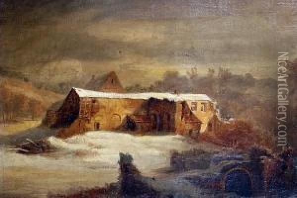 A Winter Scene With A Ruined Monastery Oil Painting - Caspar Johann Nepomuk Scheuren