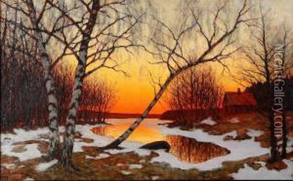 Aftonrodnad Over Insjolandskap Oil Painting - Edvard Rosenberg