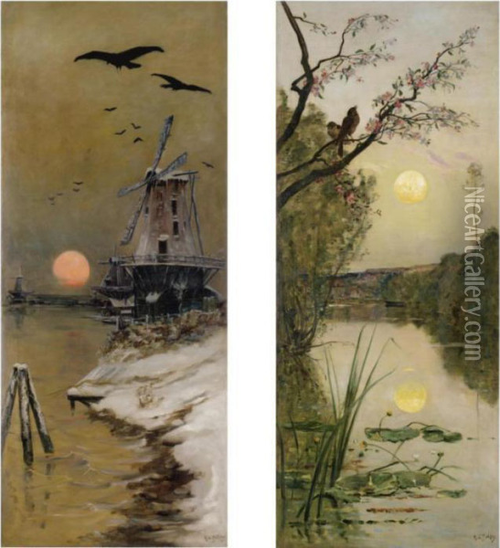 Windmill At Sunset; Early Bird And Blossom; Daffodils; Autumnalriver Bank Oil Painting - Hippolyte Camille Delpy