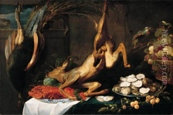 A Still Life Of A Peacock, A Roe Deer, A Lobster On A Oil Painting - Frans Snyders