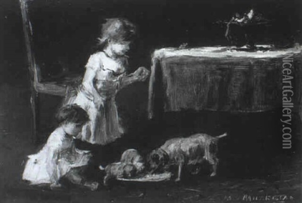 Zwei Junge Madchen Schauen Einer Hundefamilie Beim Fressen Zu Oil Painting - Mihaly Munkacsy