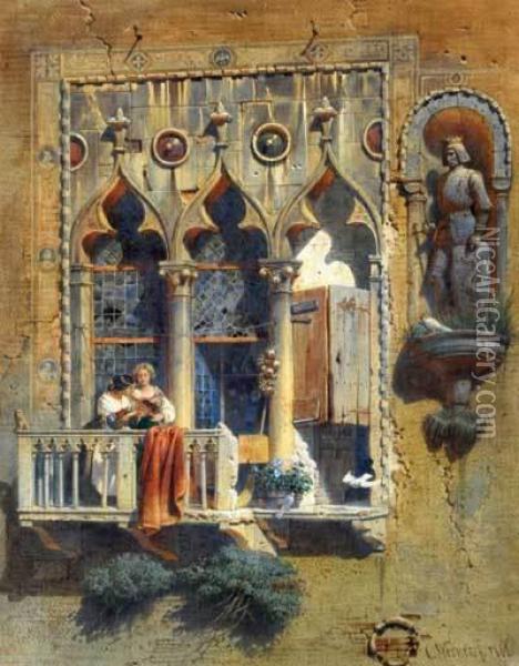 A Venetian Balcony Oil Painting - Carl Friedrich H. Werner