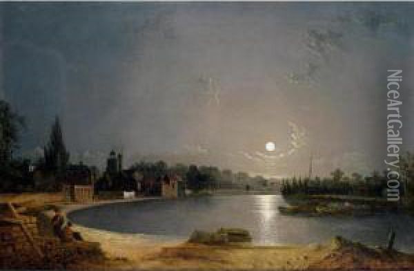 The Thames At Moonlight, Twickenham Oil Painting - Henry Pether