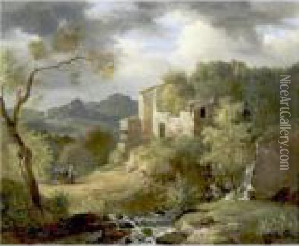 Italianate Landscape With Figures On A Path Near Ruins Oil Painting - Achille-Etna Michallon