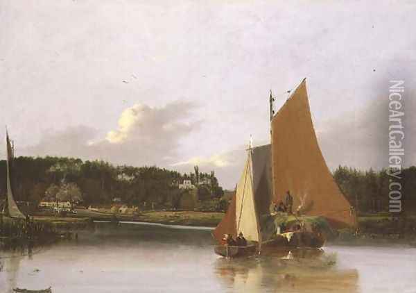 Boats on the Yare near Bramenton, Norfolk, 1828 Oil Painting - Joseph Stannard