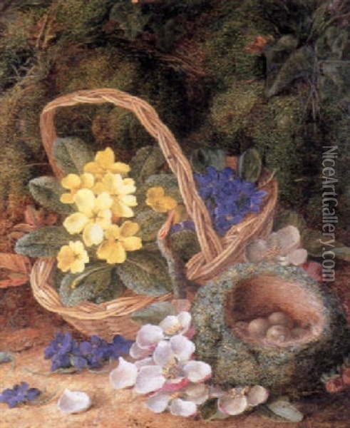 Still Life With A Bird's Nest And Spring Flowers Oil Painting - Vincent Clare