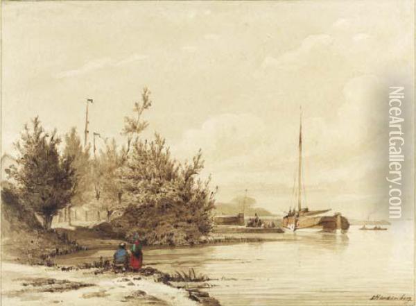 A Fisherman And His Wife By A River, A Moored Sailing Vessel Withfigures On A Jetty Beyond Oil Painting - Lambertus Hardenberg