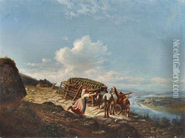 Malheur Mit Dem Pferdewagen Oberhalb Der Elbe Bei Tetschen Oil Painting - Johann Friedrich Wilhelm Wegener