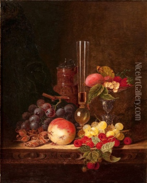 Still Life With Ceramic Jug, Wine Glass, And Tazza With Fruit Oil Painting - Edward Ladell