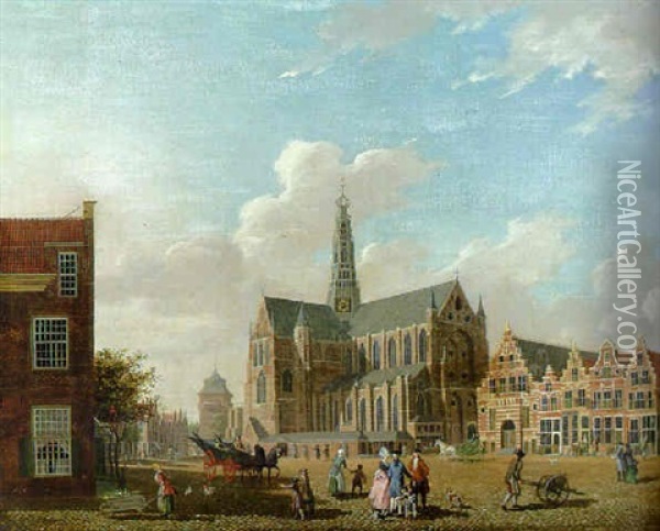 A View Of St. Bavo's Cathedral, Haarlem, With Elegant Company And Townsfolk Oil Painting - Isaac Ouwater