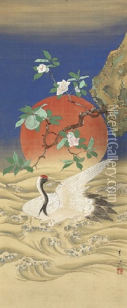 Crane, Waves And Peach Tree Oil Painting - Kiitsu Suzuki