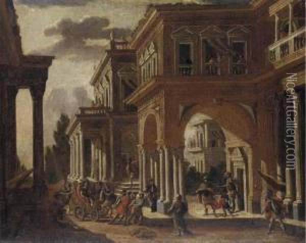 An Imaginary Palace With A Queen In A Chariot Being Presented To Aking Oil Painting - Alberto Carlieri