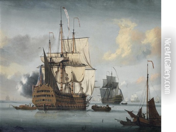 The Flagship Royal Sovereign Saluting At The Nore Oil Painting - L. De Man
