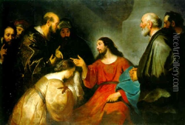 Christ And The Woman Taken In Adultery Oil Painting - Jacob Adriaensz de Backer