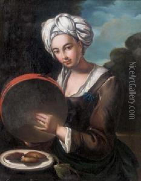 A Girl Playing A Tambourine Oil Painting - Giacomo Ceruti (Il Pitocchetto)