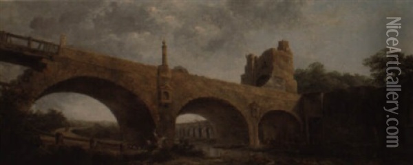 La Cavaliere Pres Des Ruines D'un Pont Antique Oil Painting - Hubert Robert