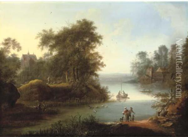 A Wooded Landscape With Fishermen On The Banks Of A River, A Church And Watermill Beyond Oil Painting - Johann Christian Vollerdt or Vollaert