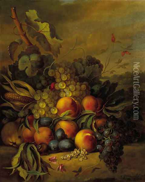 Still life with grapes, peaches and plums in a landscape Oil Painting - Cornelis Johannes Van Hulstijn