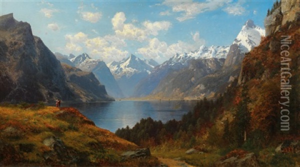 The Urnersee As Seen From Ruthli Oil Painting - Josef Schoyerer