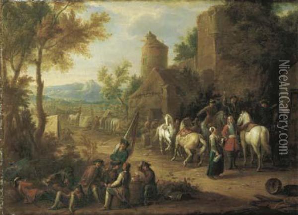 Sosta Di Cavalieri E Soldati Presso Un Casolare Oil Painting - Jan von Huchtenburgh