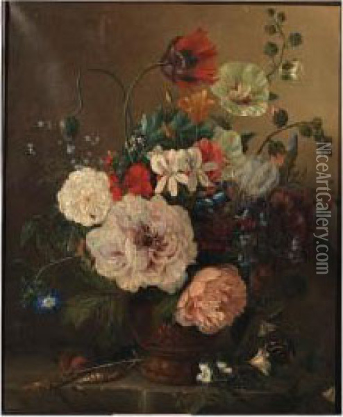 A Flower Still Life With Peonies, Tulips, Violets, Morningglory Andforget-me-nots Oil Painting - Adriana Van Ravenswaay