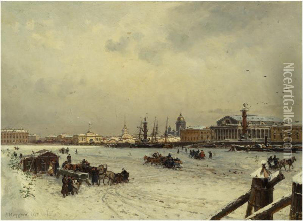 View Of St. Petersburg In Winter, With The Cuppola Of St. Isaac's Cathedral In The Distance Oil Painting - Aleksandr Karlovich Beggrov