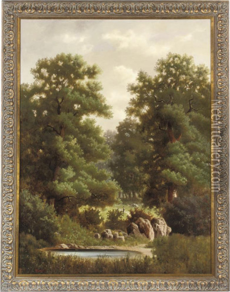 A Figure In A Wooded Glade, A Pond In The Foreground Oil Painting - Robert Adam