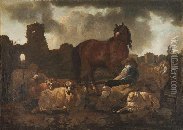 Berger, Cheval Et Moutons Oil Painting - Philipp Peter Roos