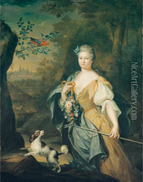 Portrait Of A Lady, 
Three-quarter Length, Standing In A Wooded Landscape With A Spaniel And A
 Perroquet In A Tree Nearby Oil Painting - Hieronymus Van Der My