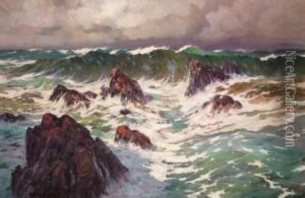 Vague Sur Les Rochers, Circa 1890 Oil Painting - Eugene Deshayes