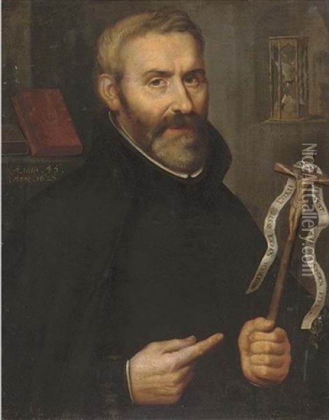 Portrait Of A Jesuit Priest (father Maximilian Van Habbeke?) In Black Costume, Holding A Crucifix Oil Painting - Paulus Moreelse