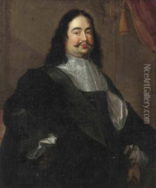 Portrait Of A Gentleman, Three-quater-length, In Black Robes And Awhite Lace Collar, His Left Hand Resting On A Sword Oil Painting - Justus Sustermans