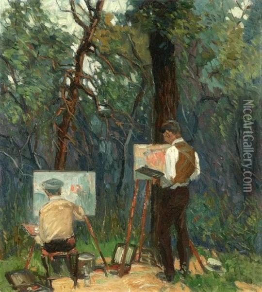 Two Artists Painting At Easels In Wooded Landscape Oil Painting - Carl Rudolph Krafft