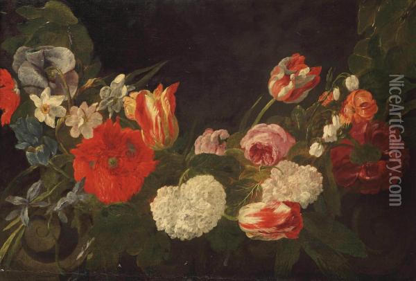 A Garland Of Tulips, Roses, Violets And Other Flowers Oil Painting - Joannes Fijt