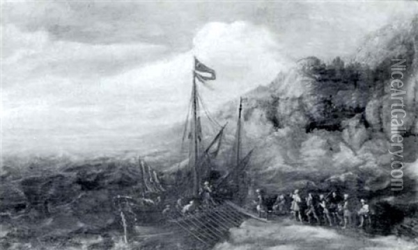 Turkish Sailors Loading A Ship, A Mountainous Shoreline     In The Background Oil Painting - Aert van Antum