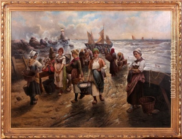 Coastal Scene With Figures Oil Painting - August Vilhelm Nikolaus Hagborg