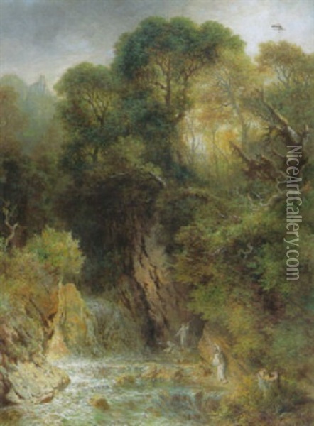 Drei Monche Beim Angeln Am Wasserfall Oil Painting - Heinrich Heinlein