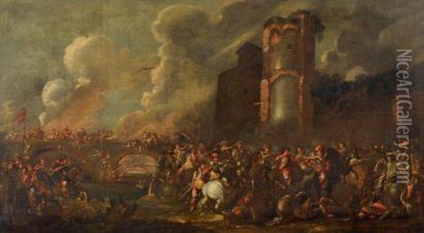 Choc De Cavalerie Pres D'une Tour En Ruine Oil Painting - Cornelis de Wael