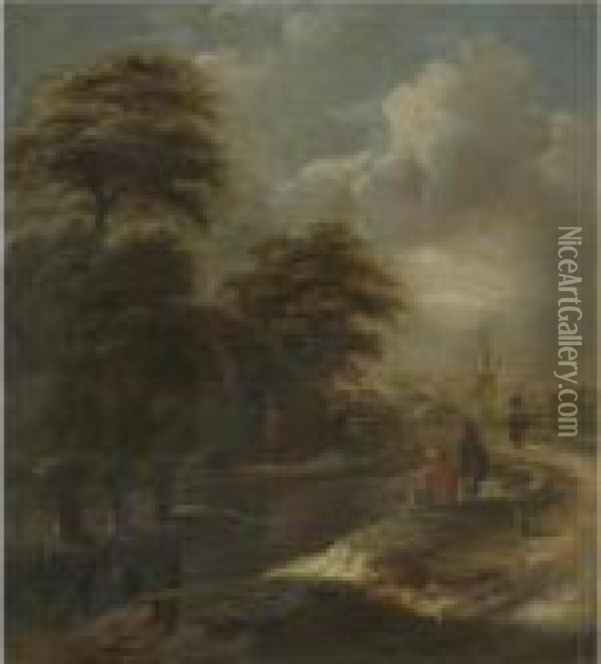 A River Landscape With Figures Fishing Beside A Path Oil Painting - Claes Molenaar (see Molenaer)