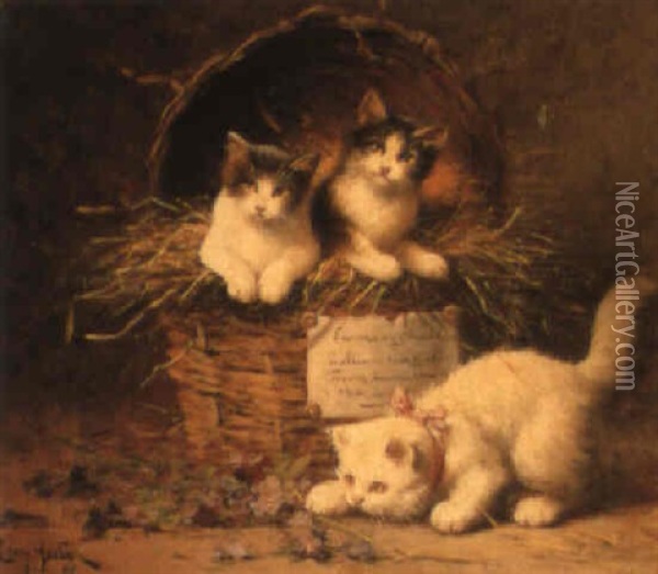 A New Basket Of Kittens Oil Painting - Leon Charles Huber