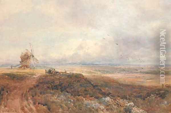 An old windmill and travellers on a moor Oil Painting - David Cox